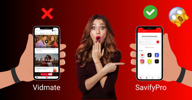 A shocked woman points at two smartphones. The left phone shows Vidmate with a red X; the right displays SavifyPro with a green check. Emoji conveys surprise.